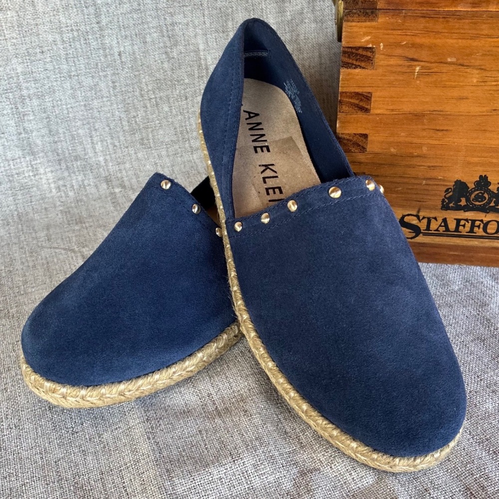 Anne Klein Espadrille Flats Navy Blue Suede Studded 7.5M Kaily iflex Slip On